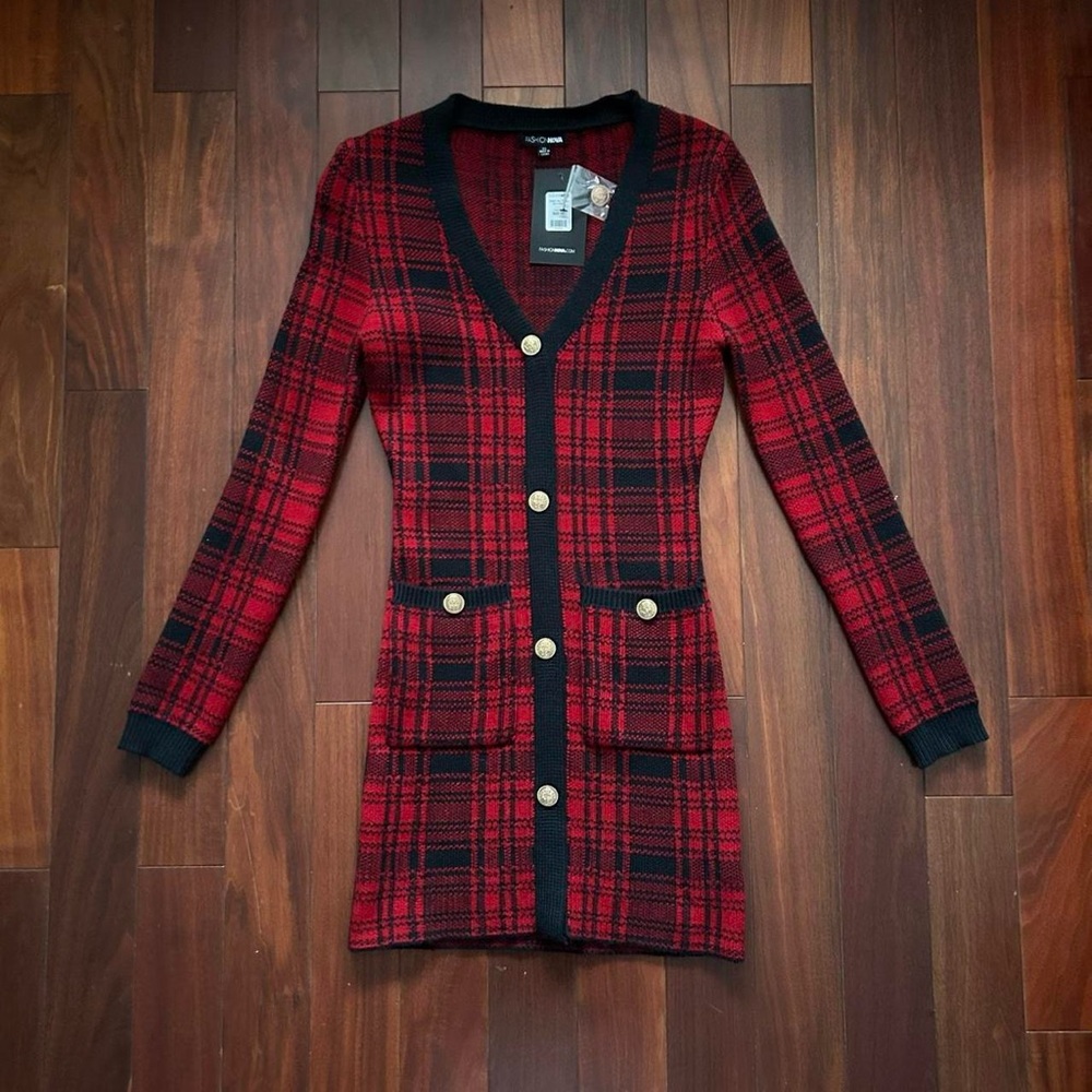 Fashion Nova Red Plaid Knit Dress